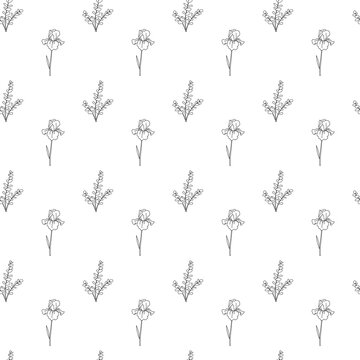 Seamless floral pattern with alternating iris-like flowers and sprigs of round buds in minimalist black line art, evenly arranged on white background for textiles, wallpapers, or decorative prints