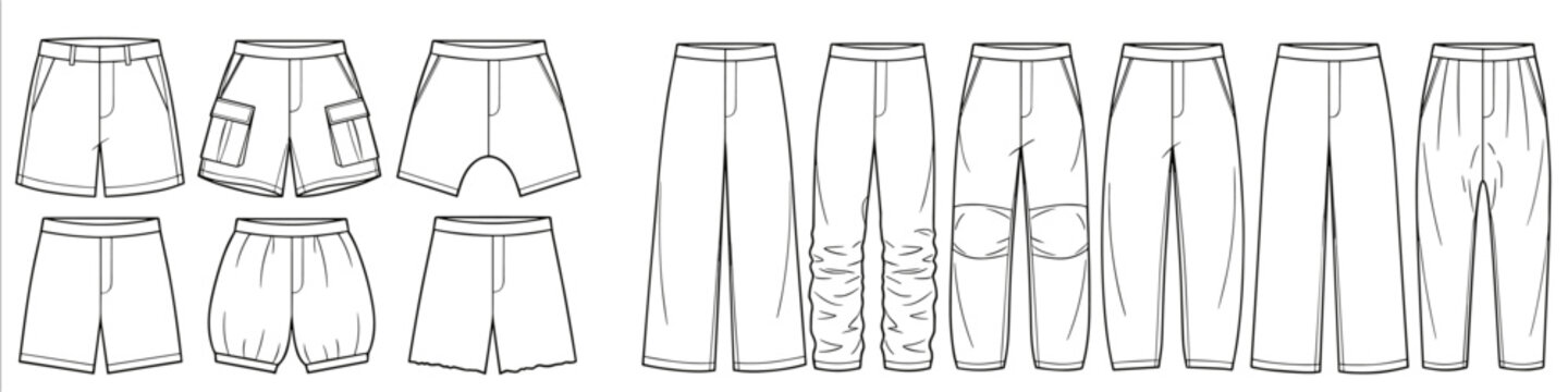 mens classic chino short pant and formal straight trouser flat sketch vector illustration front and back view technical cad drawing template transparent background