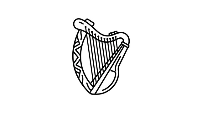 Minimalist line art of traditional stringed lyre instrument.