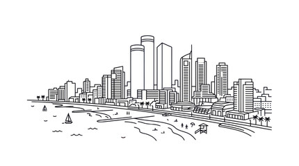 Obraz premium Modern coastal city skyline with beach and sailboats in line art