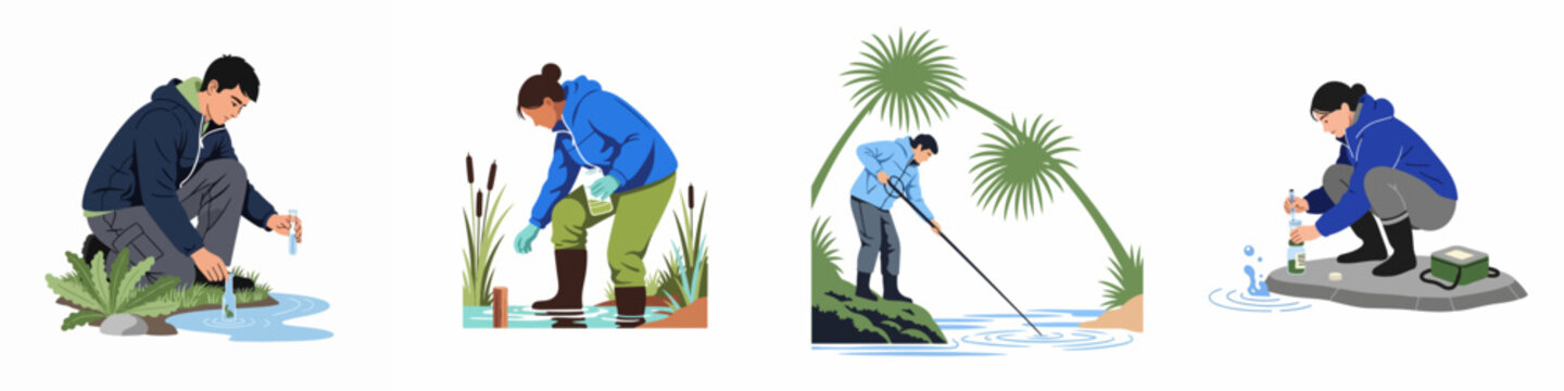 Vector illustration set of environmental scientists and researchers collecting water samples for testing from various natural bodies of water.