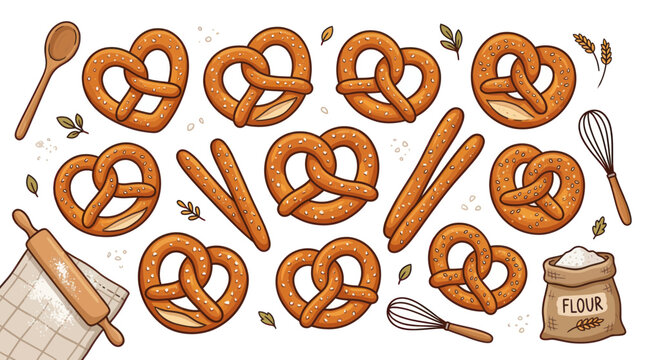 Assorted golden soft pretzels with salt and wooden baking utensils