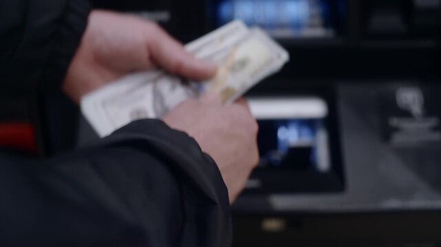 Close-up of male hands taking and counting one hundred dollar bills from an atm cash dispenser
