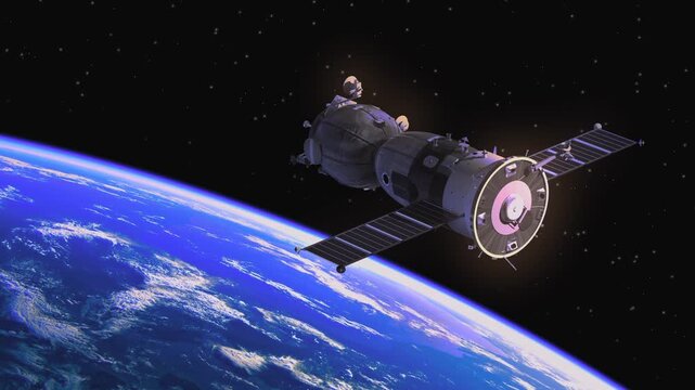 Spacecraft fly orbit blue earth planet in dark space for astronomy science exploration and future technology universe background