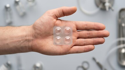Fototapeta premium A hand holding a small transparent blister pack with four round medical pills inside.