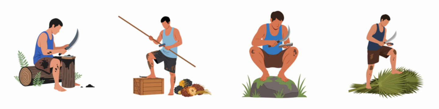 Flat vector illustration set of palm oil plantation workers harvesting fruit and sharpening tools like sickles and machetes on a white background.