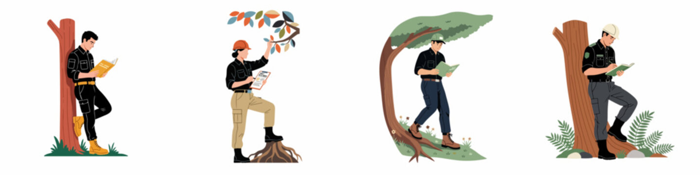Set of four illustrations featuring forestry professionals and park rangers engaged in environmental monitoring, research, and forest management activities in nature.