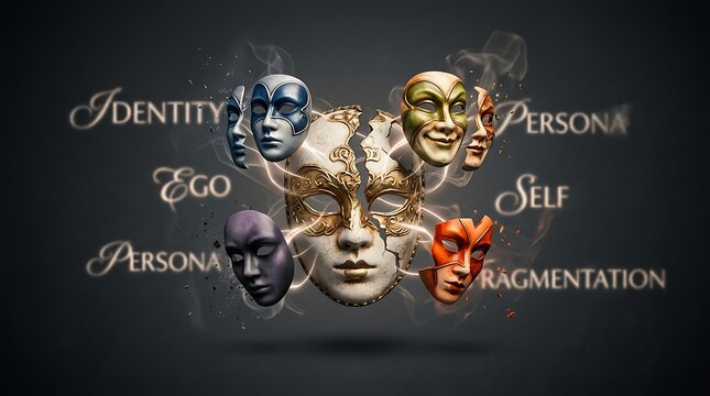 Multiple colorful masks represent identity, ego, persona, self, and fragmentation.