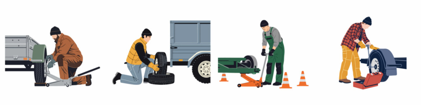 Set of flat vector illustrations featuring mechanics and workers changing trailer tires, using floor jacks and tools on a white background.