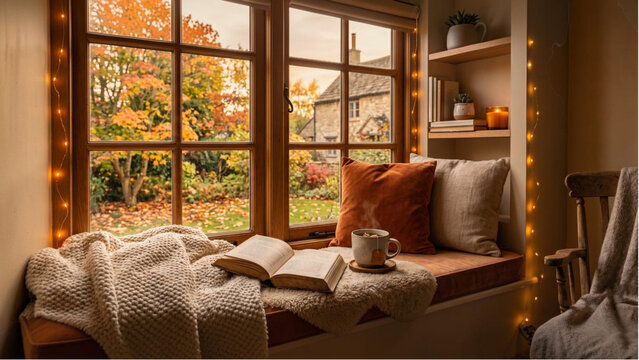 A Cozy Autumn Corner with a Contented Cat and a Good Book
