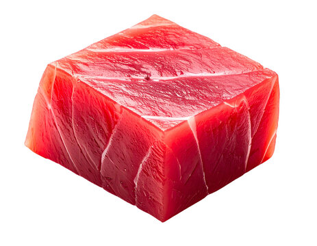 Premium raw fresh red bluefin tuna fish meat loin block cube isolated on white background sashimi mockup
