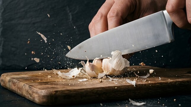Action shot of a chef crushing fresh garlic cloves with a large steel kitchen knife.