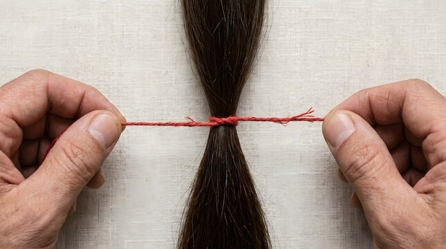 Close up of hands testing strength of red thread tied around dark hair strand