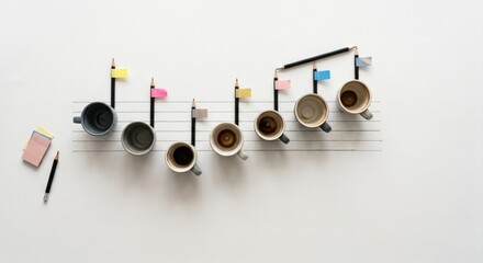 Fototapeta premium Creative musical notes composition using coffee cups and pencils on a white desk with copy space for office culture and workspace productivity marketing
