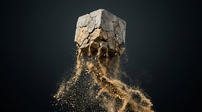 A cracked cube explodes with sand flowing out against a dark background