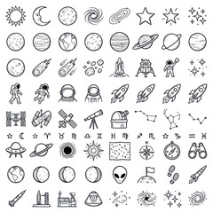 Astronomy and space exploration hand drawn icons collection © mumun