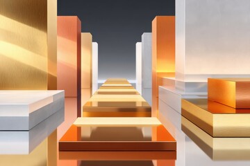 Naklejka premium Abstract golden pathway and metallic steps in modern geometric architecture with reflective surfaces