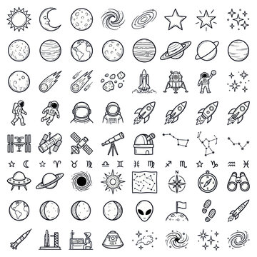 Astronomy and space exploration hand drawn icons collection