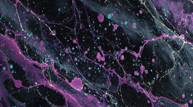 Ethereal biologic network with glowing cellular clusters cells filaments purple