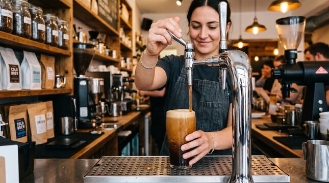 Professional female barista pouring nitro cold brew coffee from tap, artisanal cafe interior with wooden shelves, smiling server preparing iced coffee