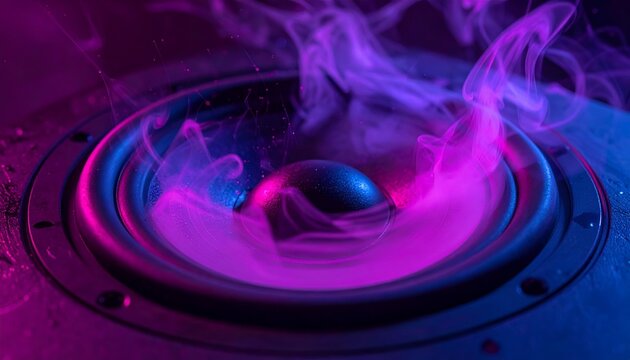 Bizarre abstract digital rendering highlighting a dark floating sphere inside a smoky purple speaker cone.