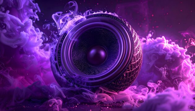 Close Up of a Textured Audio Speaker Cone Radiating Soft Purple Neon Vapor Smoke Atmosphere