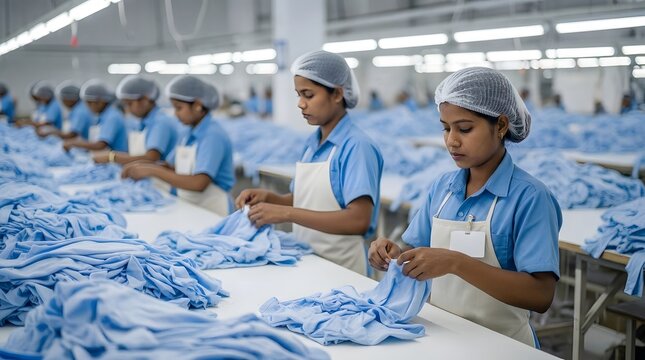 Garment Workers in a Textile Factory Fold and Inspect Blue Fabric on an Assembly Line, Highlighting Apparel Production Workflow