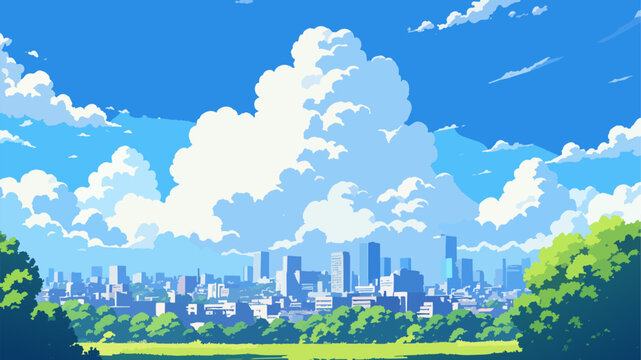 都市部に大きな入道雲が浮かぶ夏空と街並みの風景イラスト