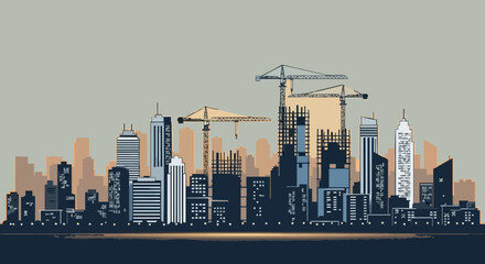 Obraz premium Modern city skyline with construction cranes at sunset urban landscape
