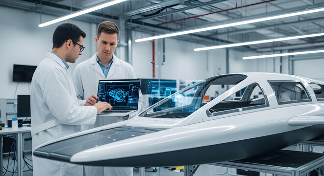 Two engineers examine a futuristic car design in a modern workshop setting