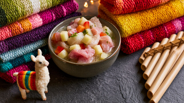 ceviche. Peruvian Independence Day bundle: ceviche, wool textiles, llama figurine, and pan flute on slate surface. event programs.