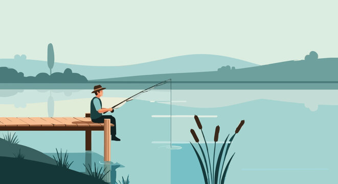 Man fishing alone on wooden dock at serene lakeside with mountains at sunset