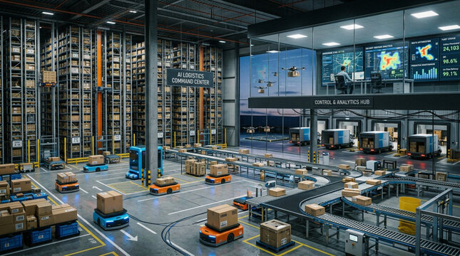 Automated warehouse featuring smart logistics robots and digital analytics management systems.