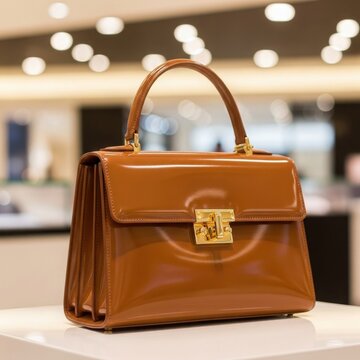 Elegant brown leather handbag in store