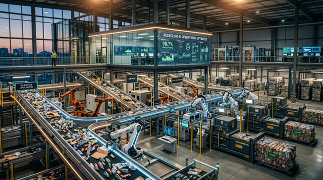 Automated recycling plant with robotic arms sorting waste using AI technology.