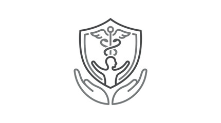 Obraz premium Medical shield icon with caduceus held by caring hands.