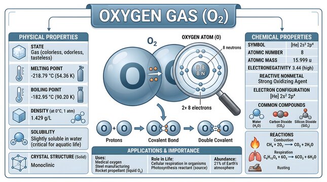 Central diagram of oxygen gas (O₂) with Bohr models, covalent bond and electron sharing, surrounded by tables of key physical and chemical properties, emphasizing its role as a reactive oxidizing agen