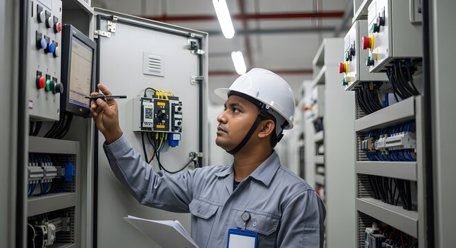 Technician Inspecting Electrical Control Panel Wiring and Safety Components in an Industrial Factory Automation Room with Protective Helmet