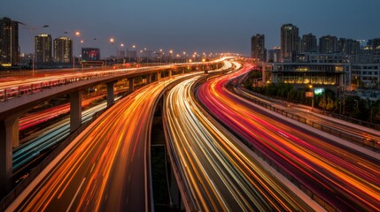 Fototapeta premium Nighttime cityscape view showing busy highway with illuminated vehicle lights creating vibrant streaks in urban setting with modern buildings in background