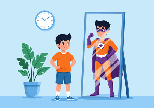Little boy looking in a mirror and seeing himself as a superhero, symbolizing confidence and self-esteem.