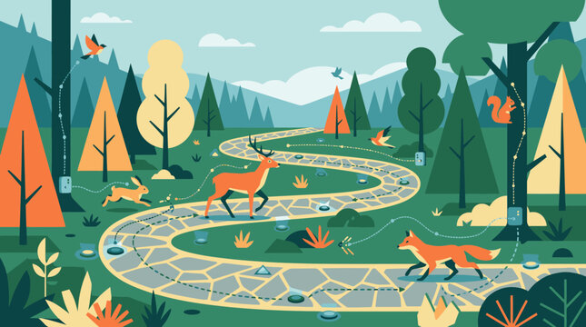 Group of red foxes on winding path.