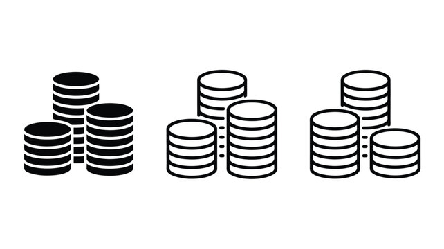 Coin stack icons set in black and white outline and solid variations for financial growth, wealth, and banking design themes.