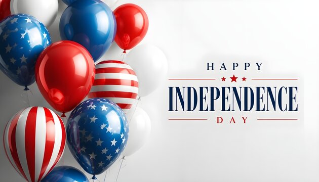 Happy Independence Day Banner Layout with Red White and Blue Balloons on Light Background
