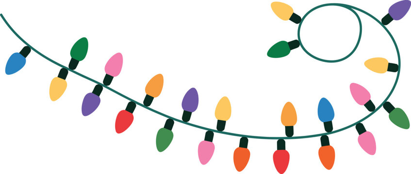 C9 Christmas light, bulbs vector border, vintage holiday garland featuring retro festive bulbs in curved string arrangement for seasonal decorations.