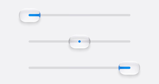 Realistic glassmorphism style On and Off toggle three-position switch glass buttons. Basic IU mockup elements isolated on white bakground. Blur grass style template design. Vector illustration