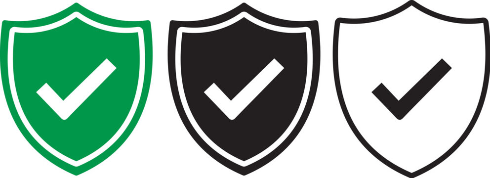clean Security shield icons, black ,white and green protection badges with check mark and quadrant design, flat style set for antivirus, privacy, approval, secure access, vector illustration.