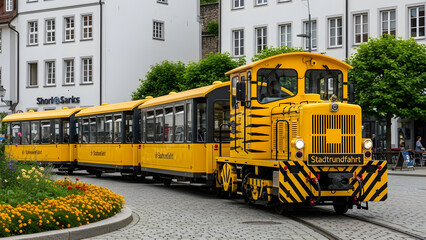 Fototapeta premium Yellow tram travels down city street with buildings and flowers
