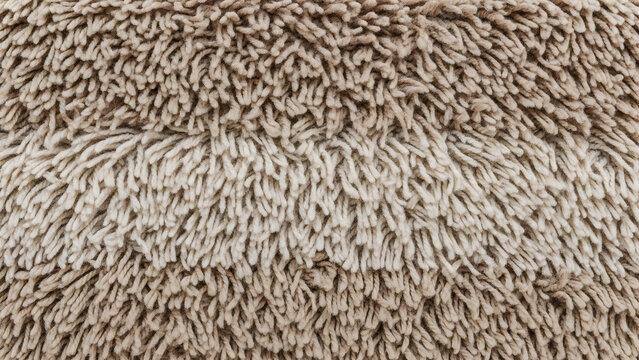 Close-up view of a fluffy beige rug or carpet texture