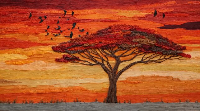 Savanna acacia tree heavy with long-tongued bees, African sunset palette, textured bark details