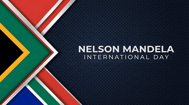 Decorative banner and poster design for Nelson Mandela International Day, featuring the vibrant colors of the South Africa national flag, elegant gold and blue curtains, and bold celebratory typograph